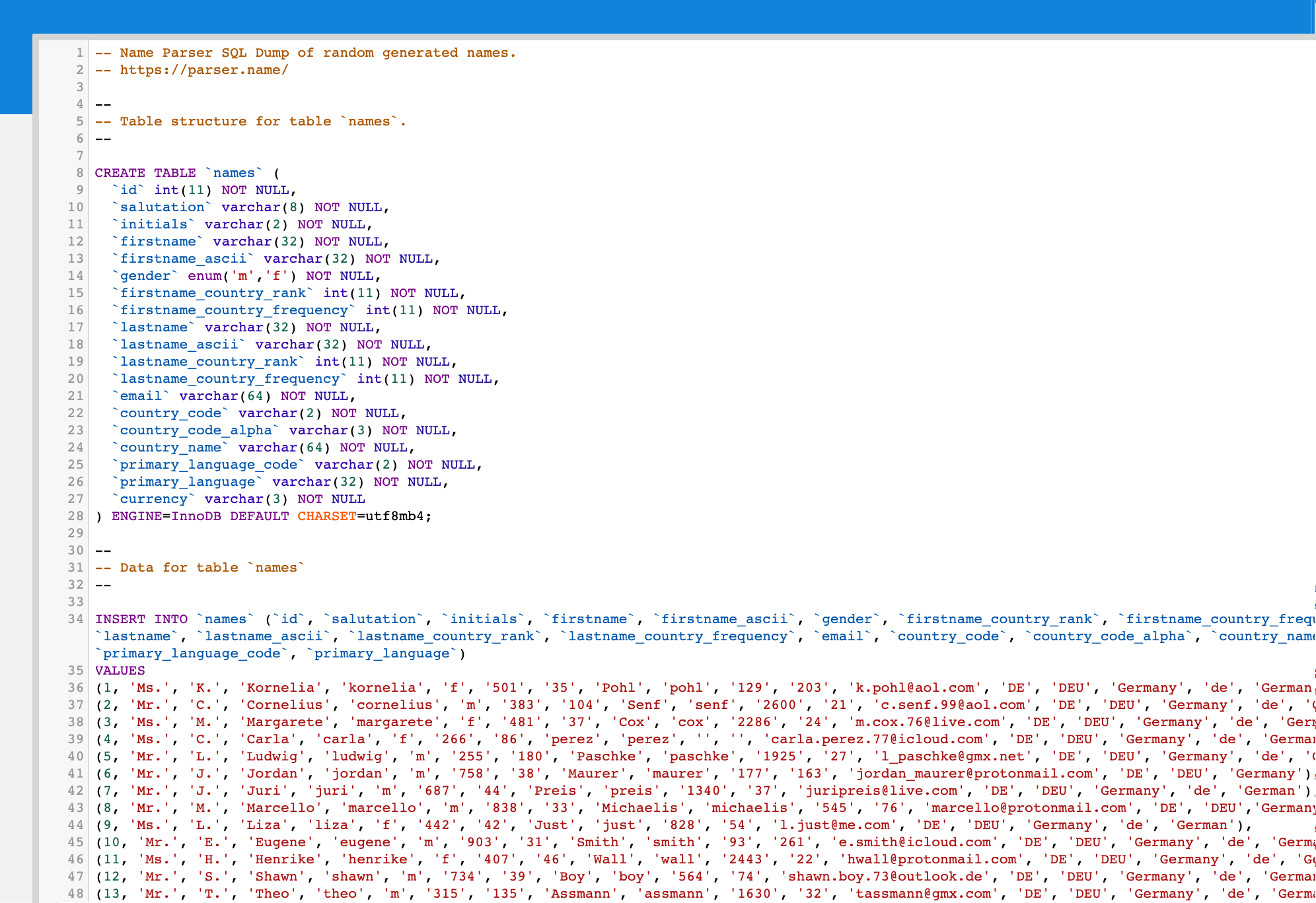 Names in a table